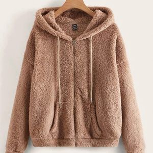 Drop shoulder drawstring, hooded, teddy jacket